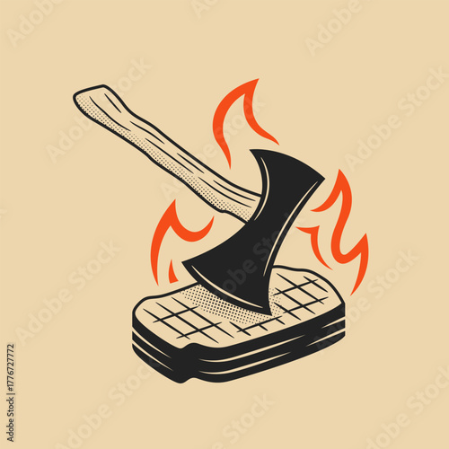Steak with axe and fire flame isolated on white background. Vector illustration