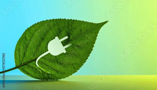Green leaf with electric plug symbol representing eco energy