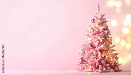 Pink Christmas tree with shiny ornaments in modern room