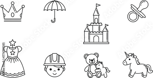 Cute baby and kids line art icons collection, princess crown, castle, toys, unicorn, dress, construction kid, umbrella, pacifier illustrations