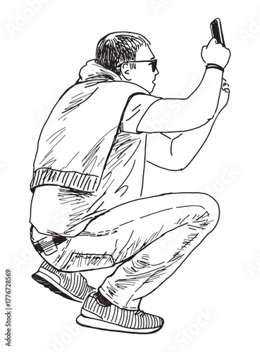 One man tourist in sunglasses, crouching, photographing on smartphone, profile view, realistic sketch, vector outline hand drawing