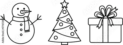 Cute Christmas line art icons of snowman, decorated Christmas tree, and gift box with ribbon for festive holiday design