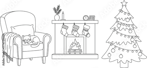 Holiday celebration line art icons — fireworks, snowflakes, gifts, champagne glasses, bell and Christmas tree — festive outline clipart set