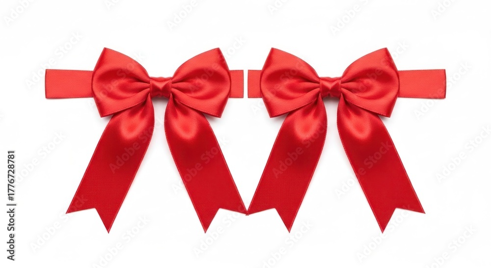 Fototapeta premium Two symmetric, bright red satin bows with long ribbon tails on white