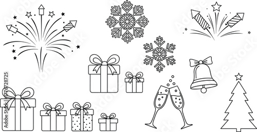 Holiday celebration line art icons — fireworks, snowflakes, gifts, champagne glasses, bell and Christmas tree — festive outline clipart set
