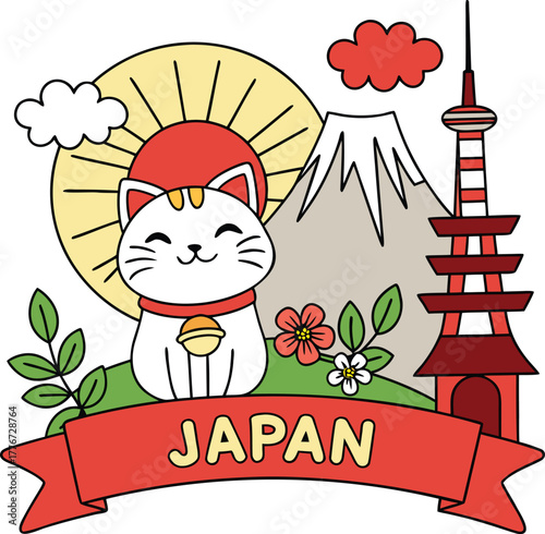 japanese cultural design with mount fuji maneki neko pagoda and rising sun