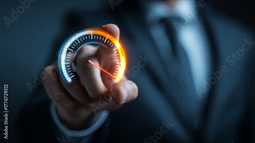 Businessman Pointing at Risk Meter with Low to High Scale Featuring Indicator in Professional Setting Focusing on Financial Decisions and Analysis