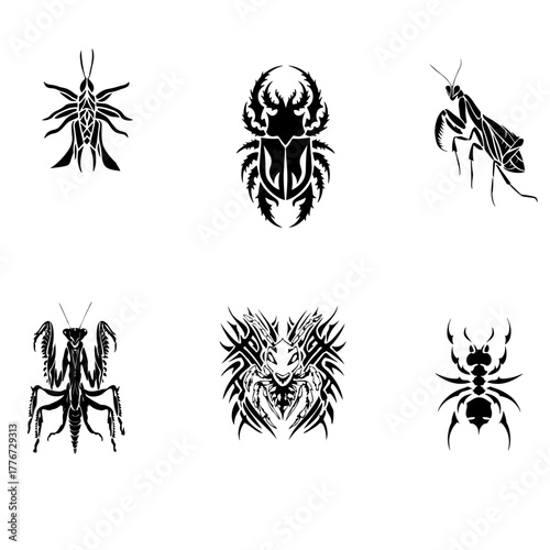 Dangerous insects: ants and praying mantises. Vector logos in tribal tattoo style