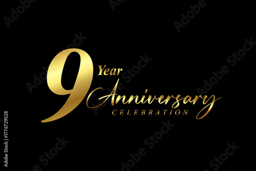 9th year Anniversary celebration. Gold luxury banner vector illustration.