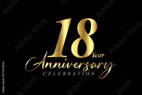 18 year Anniversary celebration. Gold luxury banner vector illustration.