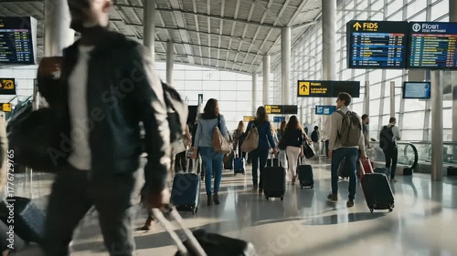 Crowd of diverse travelers walking with rolling luggage in a busy airport terminal. Business people and tourists move through the sunlit concourse. Global travel and transportation hub concept