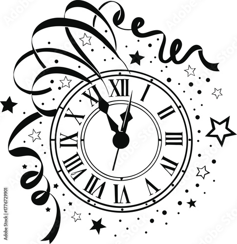 decorative clock with roman numerals surrounded by stars confetti and streamers