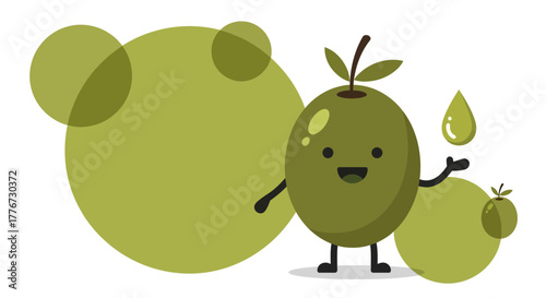 Cartoon Olive Character Presenting Oil Droplet And Green Background Design