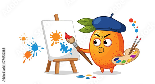Cartoon Orange Character Painting Art on a Canvas with Emotional Expression