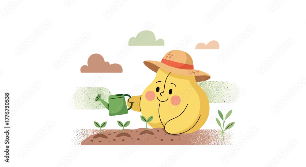 Naklejka premium Cartoon Pear Character Watering Plants In Adorable Garden Setting Illustration Design