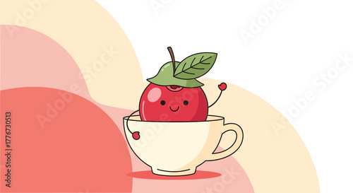 Charming Apple Personage Relaxing in a Delightful Teacup with Cheerful Ambiance