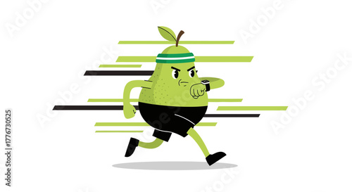 Cartoon Pear Athlete Running and Checking Fitness Tracker with Intense Motivation