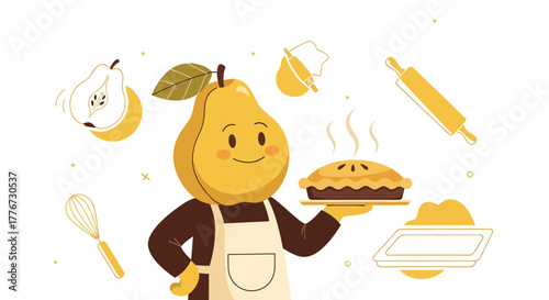 Cartoon Pear Chef Showcases Fresh Baked Apple Pie With Baking Ingredients