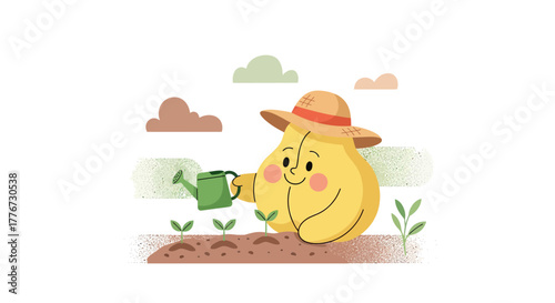 Cartoon Pear Character Watering Plants In Adorable Garden Setting Illustration Design