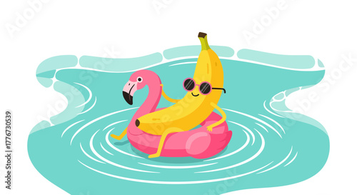 Charming Banana Floating On Flamingo Ring: Tropical Summer Fun And Relaxation