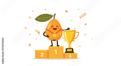 Cartoon Pear Character Wins Trophy and Celebrates First Place Victory Happily