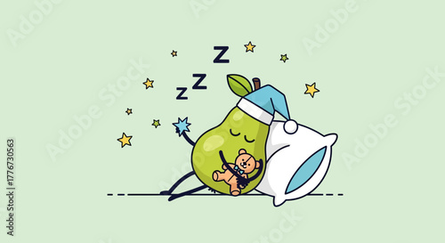 Cartoon Pear Embracing A Teddy Bear And A Pillow, Ready For Sweet Dreams And Sleep