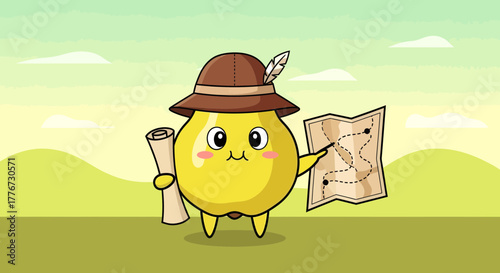 Cartoon Pear Explorer Unveiling Cartographic Secrets, Ready For Adventures in Nature