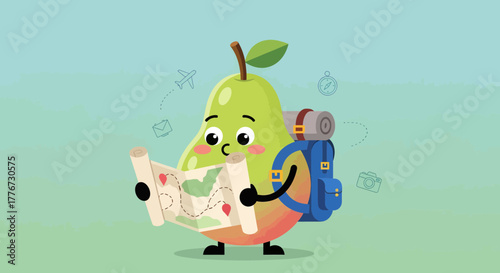 Cartoon Pear Explorer Planning Adventure With Backpack And Travel Map