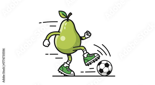 Cartoon Pear Kicking a Soccer Ball with Green Boots in Dynamic Action Illustration
