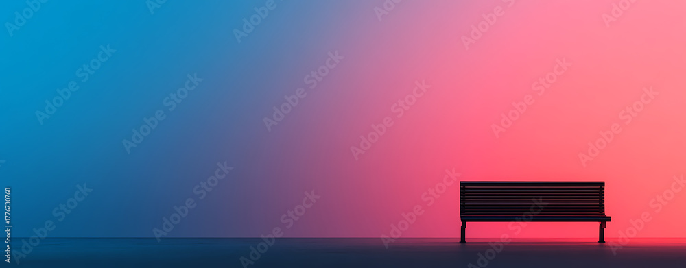Fototapeta premium A bench rests against a vibrant backdrop of blue and pink, the light creating a gradient effect. It is simple, yet eye-catching. A calming scene in a studio.