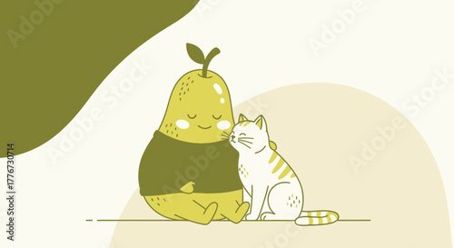 Charming Illustration of a Pear Friend and a Whimsical Cat Embracing Together Forever