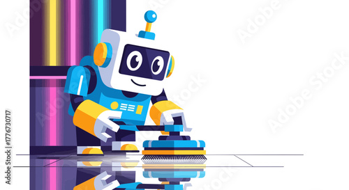 Cartoon Robot Cleaning Floor, Futuristic Digital Innovation for Modern Lifestyle