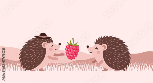 Charming Hedgehogs Sharing a Delicious Berry on a Pleasant Sunny Day