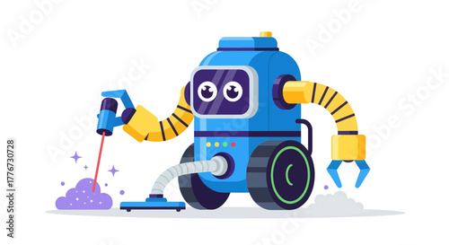 Cartoon Robot Cleaning: Futuristic Assistance and Smart Housekeeping Illustration