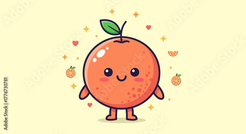 Charming Orange Mascot Illustration With Hearts And Sparkling Decorative Details Design