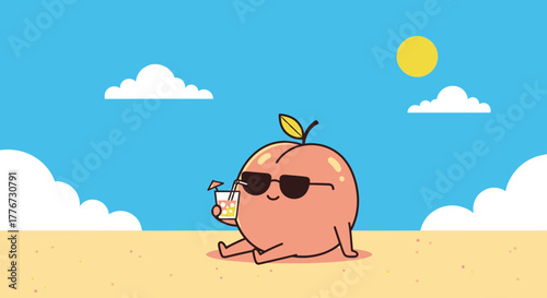 Charming Peach Character Enjoying Summer Vacation On Sandy Beach With Refreshing Drink And