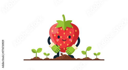 Charming Strawberry Character Gardening, Planting New Seeds with Happy Attitude and Smiles