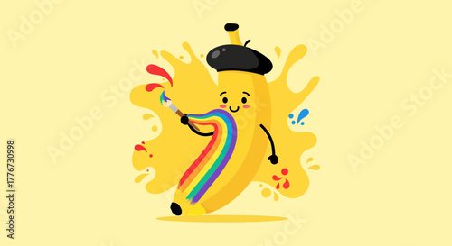 Cheerful Banana Artist Painting a Rainbow Path on a Splattered Background