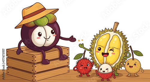 Charming Animated Fruits: A Delightful Group of Cartoon Mangosteen, Durian, and Friends
