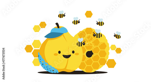 Cheerful Bee Hive And Fruit Character Illustration Perfect For Children's Designs