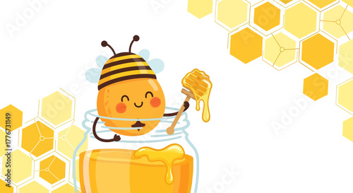 Cheerful Bee Holding Honey Dipper Next To A Jar Of Golden Delicious Honey