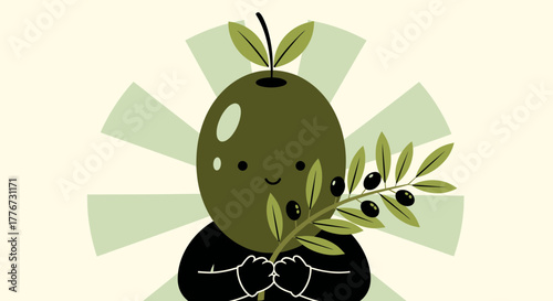 Charming Animated Olive Character Holding Olive Branch with Artistic Green Background.