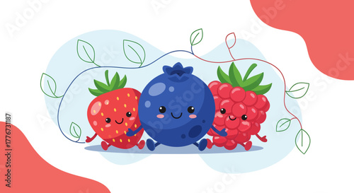 Cheerful Berry Trio: Adorable Animated Fruits Representing Sweet Friendship and Health