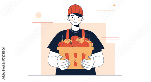 Cheerful Courier Delivering Fresh Produce in a Basket of Delicious Apples Everyday