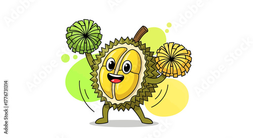 Cheerful Durian Mascot Cheerleading With Pom-Poms Ready For Festivities And Celebration