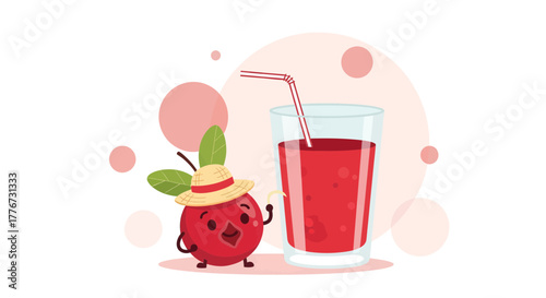 Cheerful Fruit Character Presenting A Refreshing Glass Of Juice With Straw