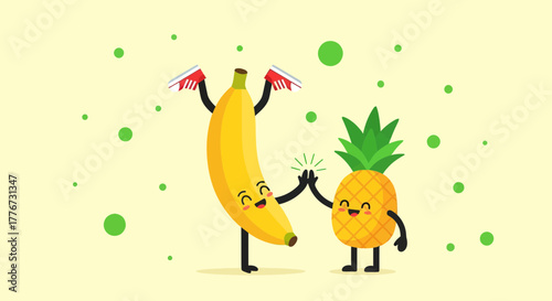 Cheerful Fruit Duo Celebrating Success And Showing Friendship, Cheerful, Happy, Together