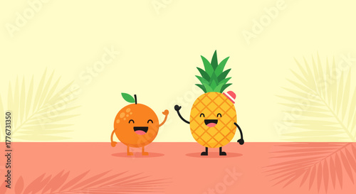 Cheerful Fruit Duo: Orange And Pineapple Friends Having A Sunny, Tropical Day Together