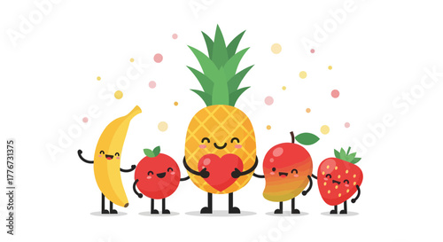 Cheerful Fruit Friends with a Love Heart Surrounded by Colorful Confetti Celebration