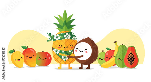 Cheerful Fruit Friends with Smiley Faces, Tropical Illustration, Happiness, Comic Design